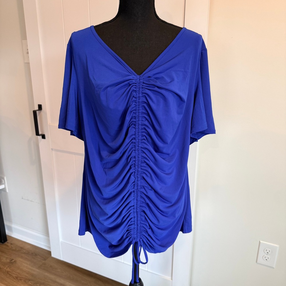 Monroe + Main Blue Ruched Front Drawstring V-Neck Short Sleeve Top Womens 1X